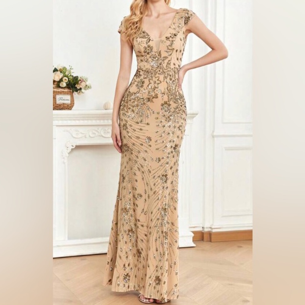 Luxe V neck sequin formal evening party dress - Picture 5 of 9